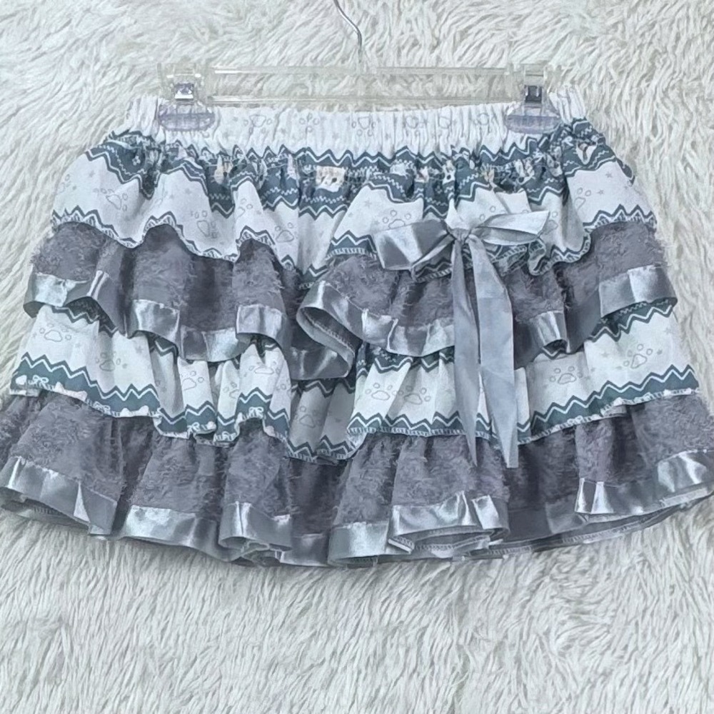 Kawaii Cat Print Ruffle Mini Skirt Gray White Satin Bow Lolita Style